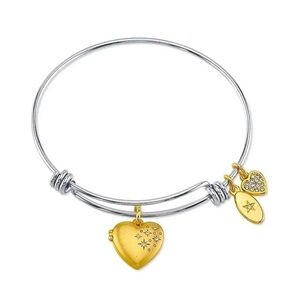 Heart Locket Gold Stainless Steel Waterproof Satin Adjustable Bangle Bracelet